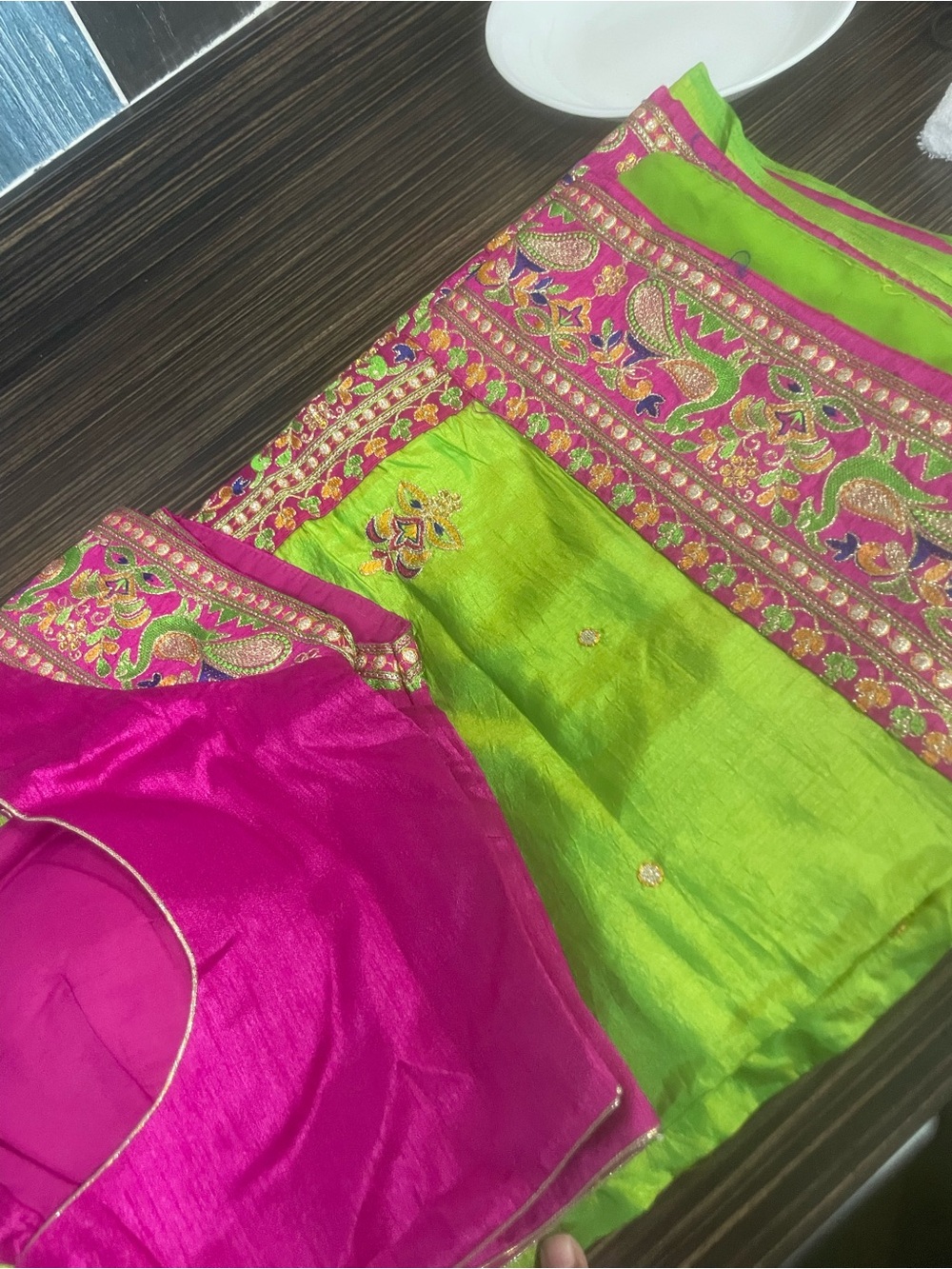 Embroidered Women's Saree Blouse Set in Pink and Lime Green